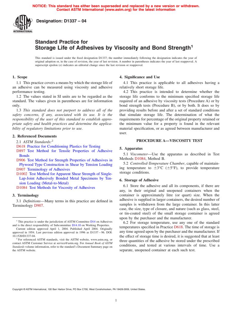 ASTM D1337-04 - Standard Practice for Storage Life of Adhesives by Viscosity and Bond Strength