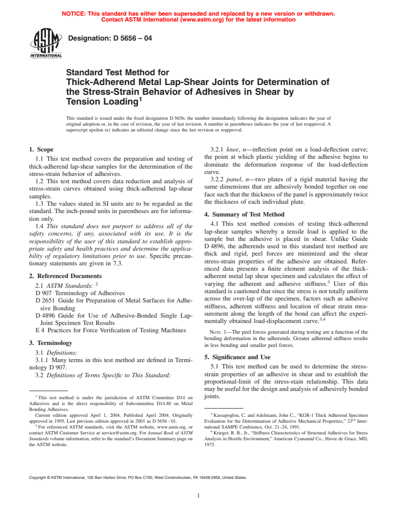 ASTM D5656-04 - Standard Test Method for Thick-Adherend Metal Lap-Shear Joints for Determination of the Stress-Strain Behavior of Adhesives in Shear by Tension Loading
