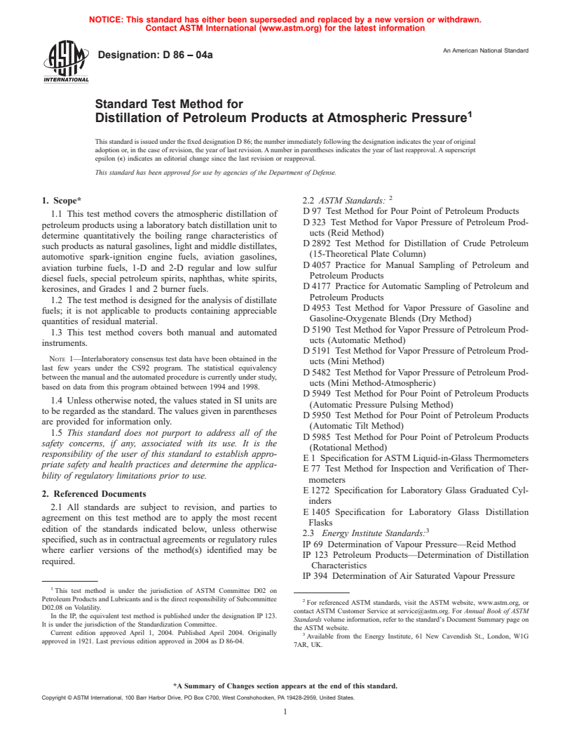 ASTM D86-04a - Standard Test Method for Distillation of Petroleum Products at Atmospheric Pressure