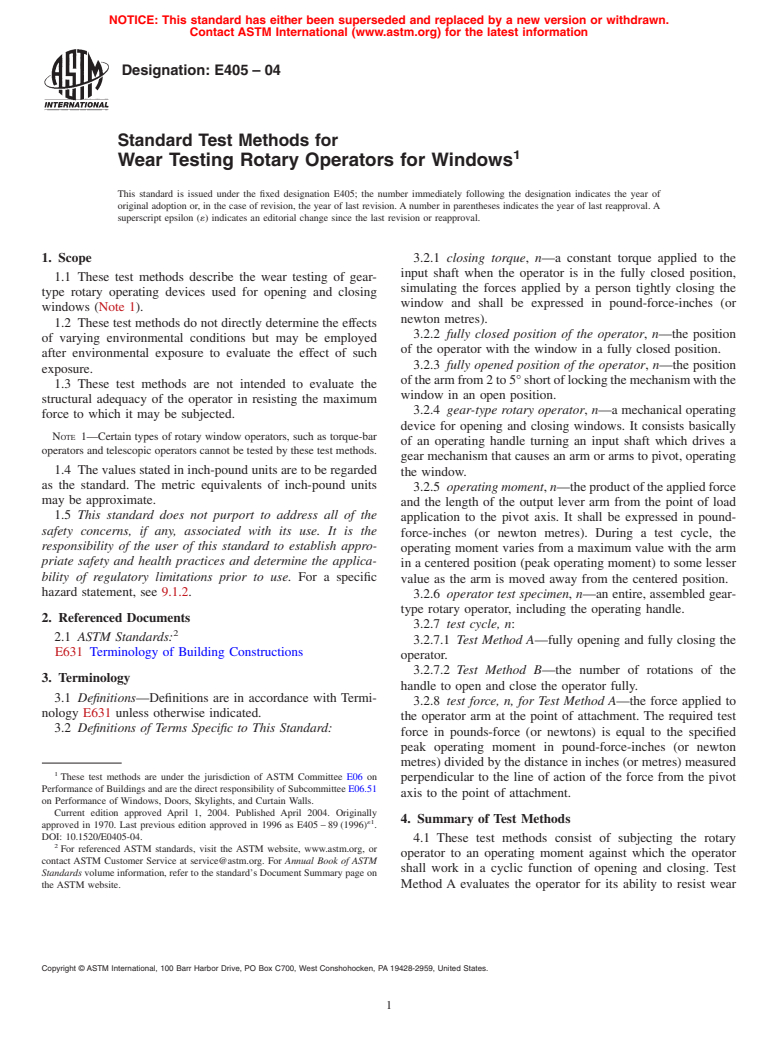 ASTM E405-04 - Standard Test Methods for Wear Testing Rotary Operators for Windows