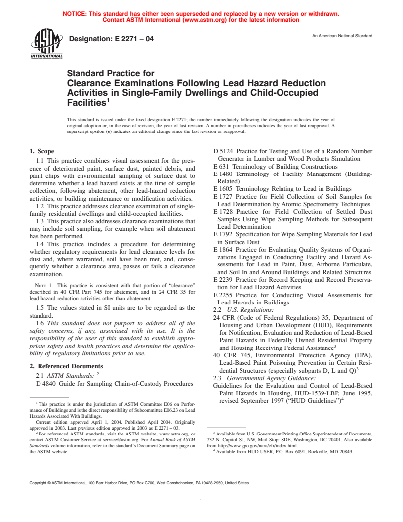 ASTM E2271-04 - Standard Practice for Clearance Examinations Following Lead Hazard Reduction Activities in Single-Family Dwellings and Child-Occupied Facilities