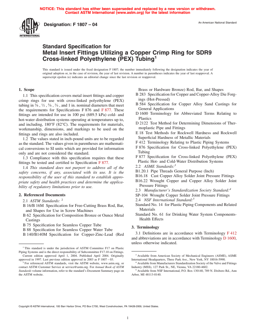 ASTM F1807-04 - Standard Specification for Metal Insert Fittings Utilizing a Copper Crimp Ring for SDR9 Cross-linked Polyethylene (PEX) Tubing