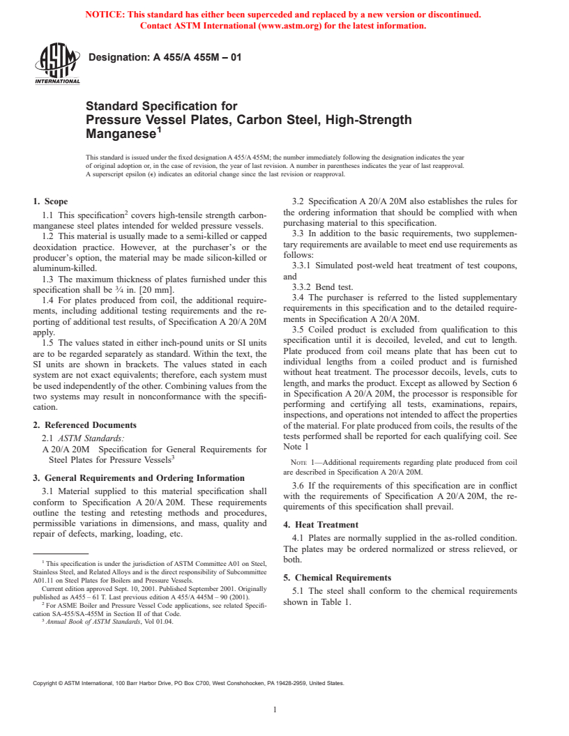 ASTM A455/A455M-01 - Standard Specification for Pressure Vessel Plates, Carbon Steel, High-Strength Manganese