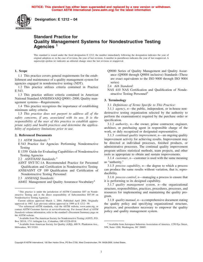 ASTM E1212-04 - Standard Practice for Quality Management Systems for Nondestructive Testing Agencies