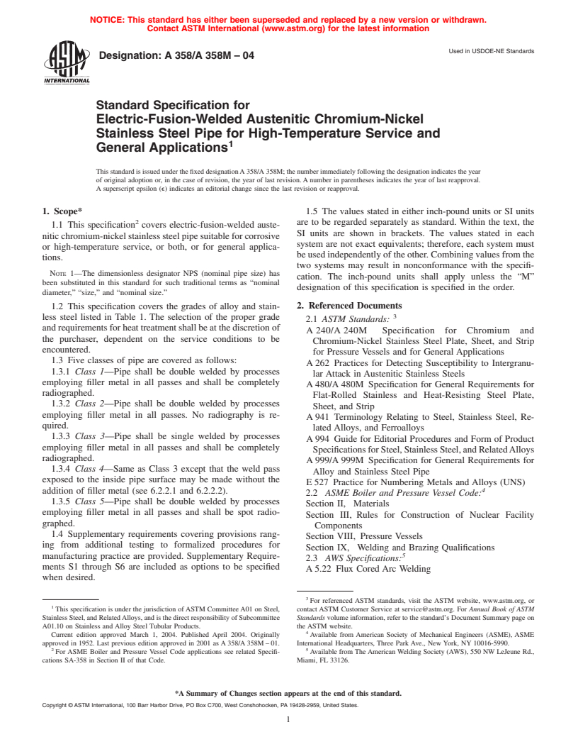 ASTM A358/A358M-04 - Standard Specification for Electric-Fusion-Welded Austenitic Chromium-Nickel Stainless Steel Pipe for High-Temperature Service and General Applications