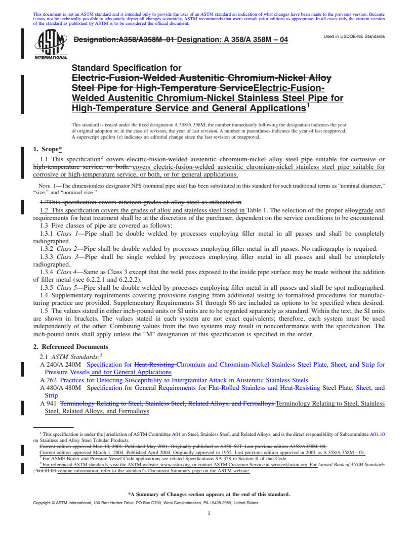 REDLINE ASTM A358/A358M-04 - Standard Specification for Electric-Fusion-Welded Austenitic Chromium-Nickel Stainless Steel Pipe for High-Temperature Service and General Applications