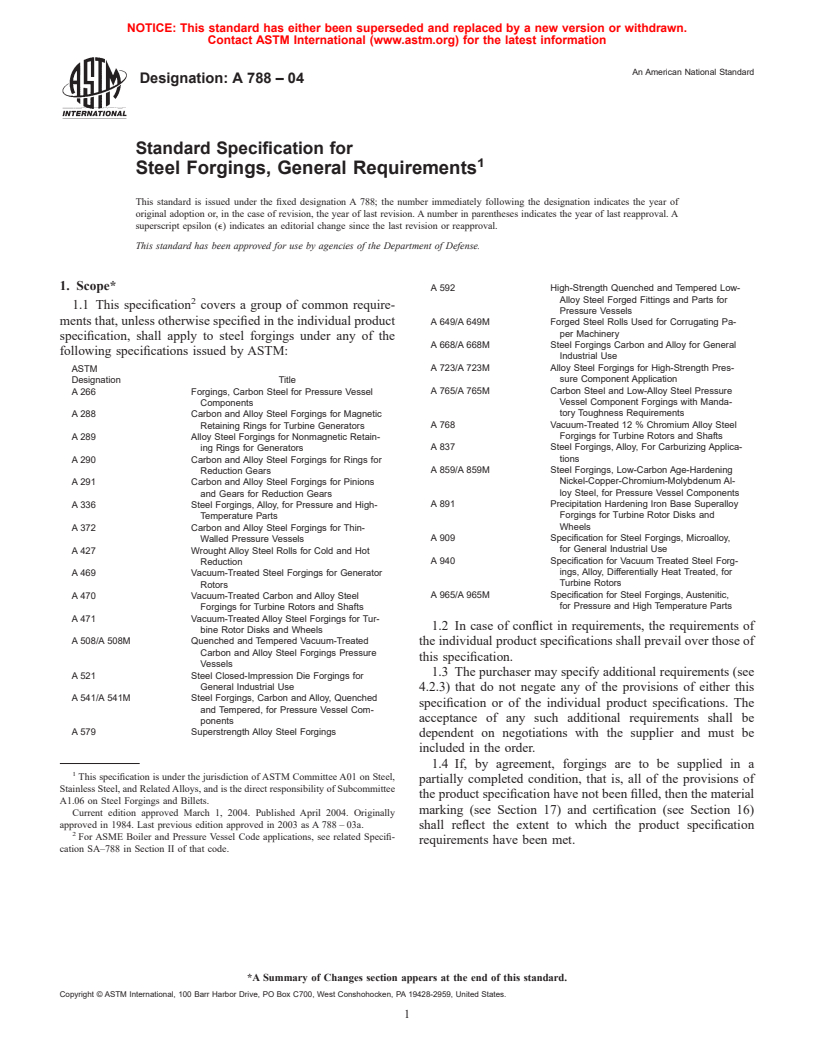 ASTM A788-04 - Standard Specification for Steel Forgings, General Requirements