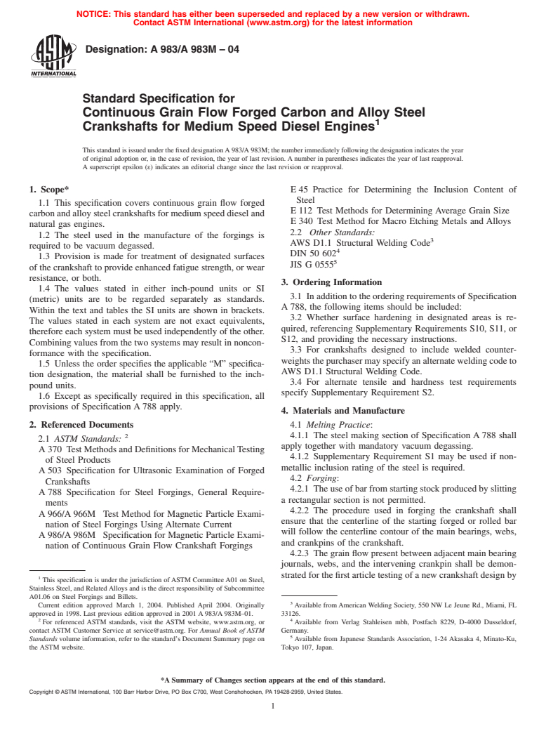 ASTM A983/A983M-04 - Standard Specification for Continuous Grain Flow Forged Carbon and Alloy Steel Crankshafts for Medium Speed Diesel Engines