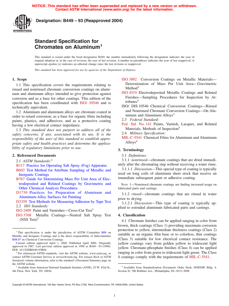 ASTM B449-93(2004) - Standard Specification for Chromates on Aluminum