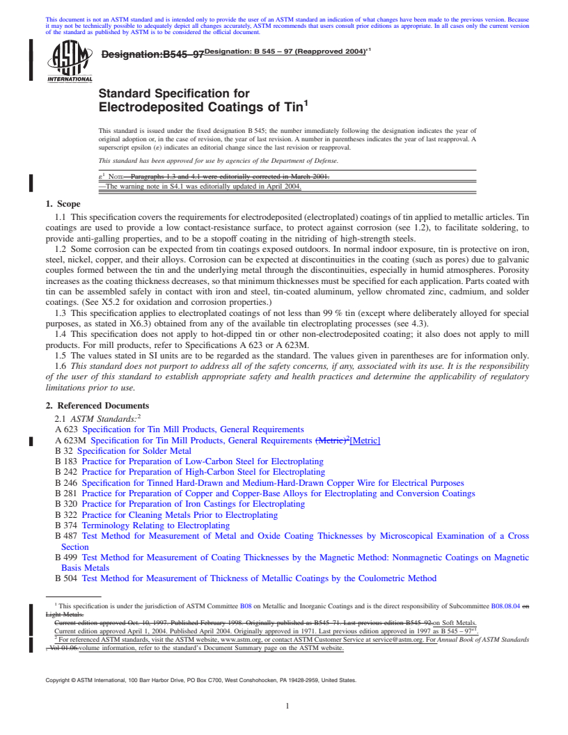 REDLINE ASTM B545-97(2004)e1 - Standard Specification for Electrodeposited Coatings of Tin