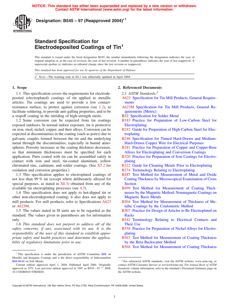 ASTM B545-97(2004)e1 - Standard Specification for Electrodeposited Coatings of Tin