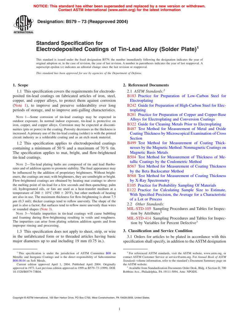 ASTM B579-73(2004) - Standard Specification for Electrodeposited Coatings of Tin-Lead Alloy (Solder Plate)