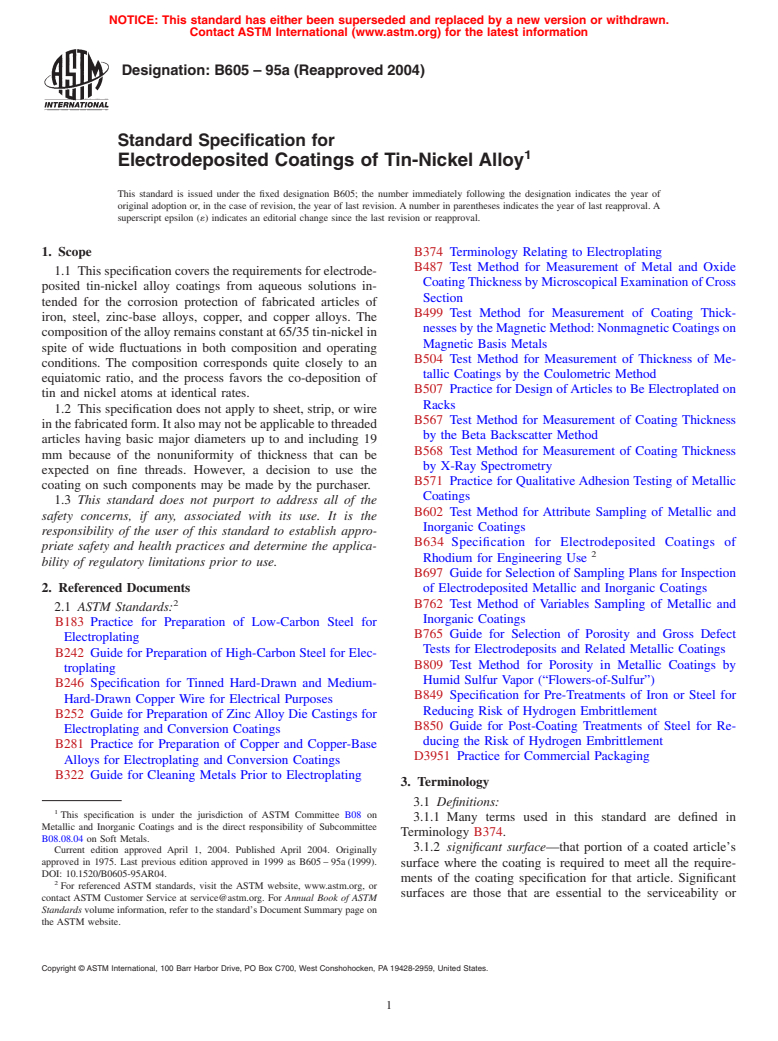 ASTM B605-95a(2004) - Standard Specification for Electrodeposited Coatings of Tin-Nickel Alloy