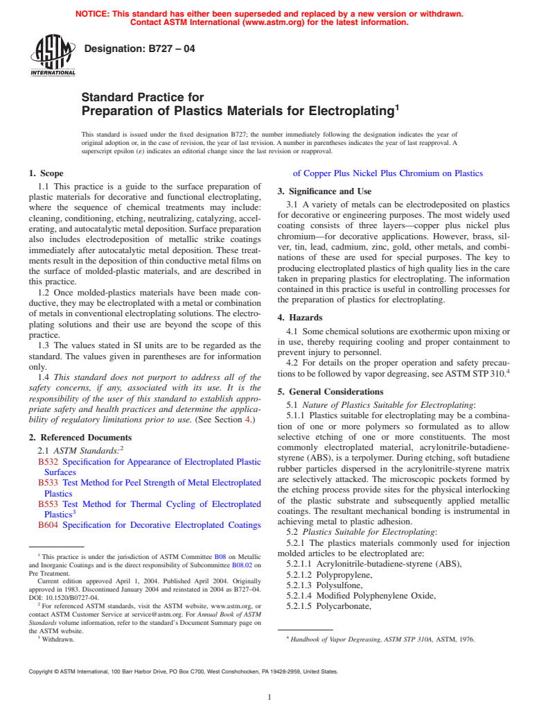 ASTM B727-04 - Standard Practice for Preparation of Plastics Materials for Electroplating