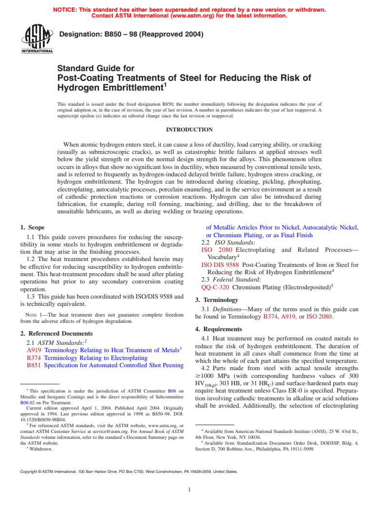 ASTM B850-98(2004) - Standard Guide for Post-Coating Treatments of Steel for Reducing the Risk of Hydrogen Embrittlement