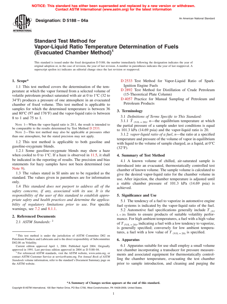 ASTM D5188-04a - Standard Test Method for Vapor-Liquid Ratio Temperature Determination of Fuels (Evacuated Chamber Method)