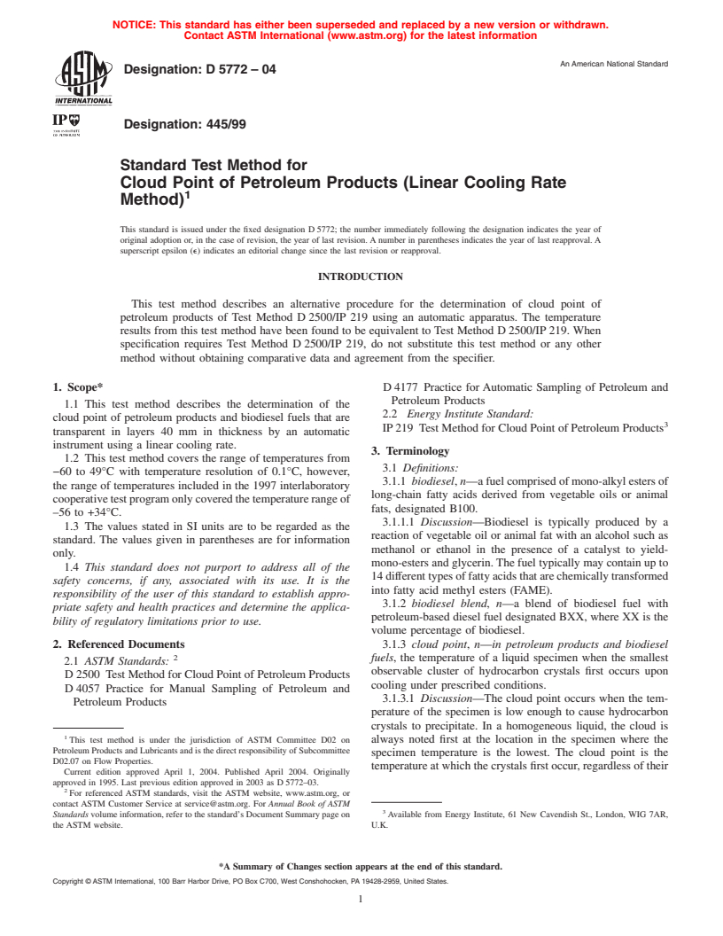 ASTM D5772-04 - Standard Test Method for Cloud Point of Petroleum Products (Linear Cooling Rate Method)