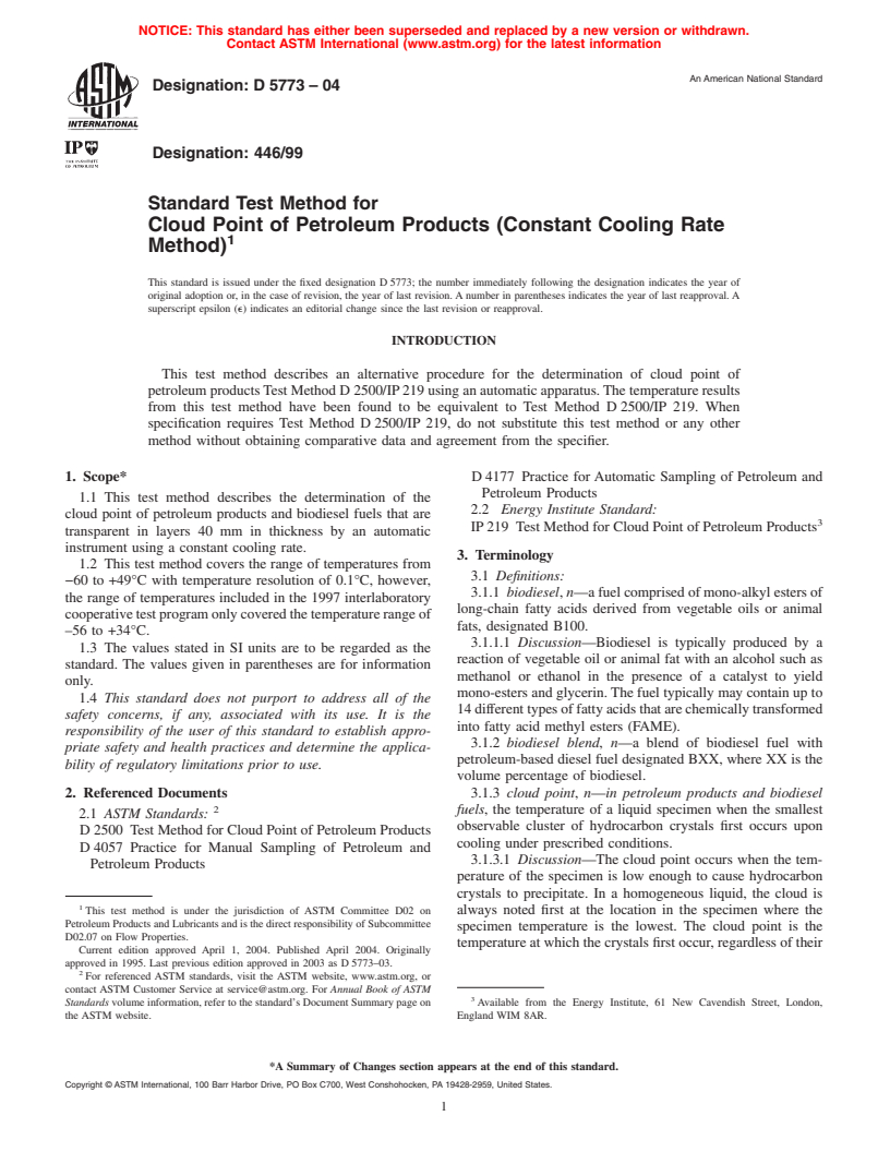 ASTM D5773-04 - Standard Test Method for Cloud Point of Petroleum Products (Constant Cooling Rate Method)