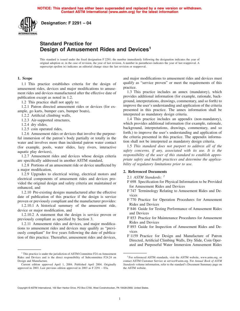 ASTM F2291-04 - Standard Practice for Design of Amusement Rides and Devices