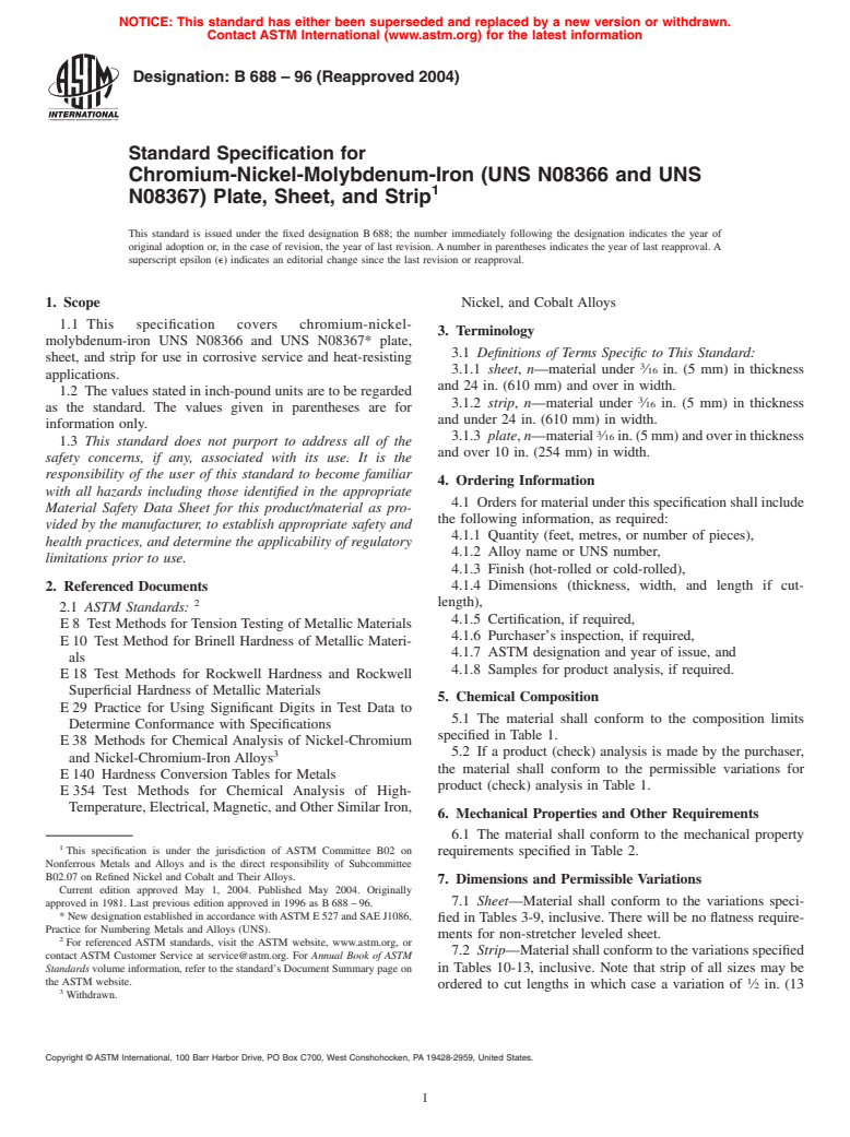 ASTM B688-96(2004) - Standard Specification for Chromium-Nickel-Molybdenum-Iron (UNS N08366 and UNS N08367) Plate, Sheet, and Strip