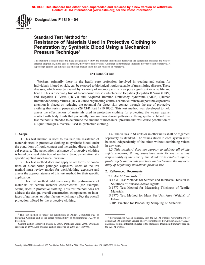 ASTM F1819-04 - Standard Test Method for Resistance of Materials Used in Protective Clothing to Penetration by Synthetic Blood Using a Mechanical Pressure Technique