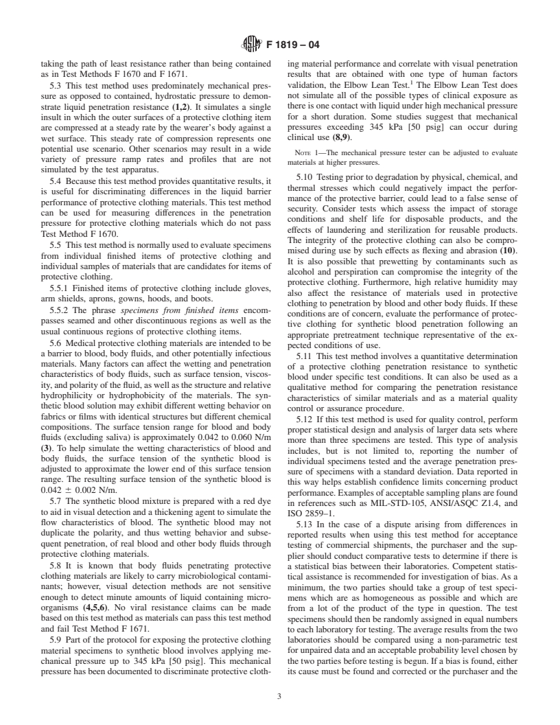 ASTM F1819-04 - Standard Test Method for Resistance of Materials Used in Protective Clothing to Penetration by Synthetic Blood Using a Mechanical Pressure Technique