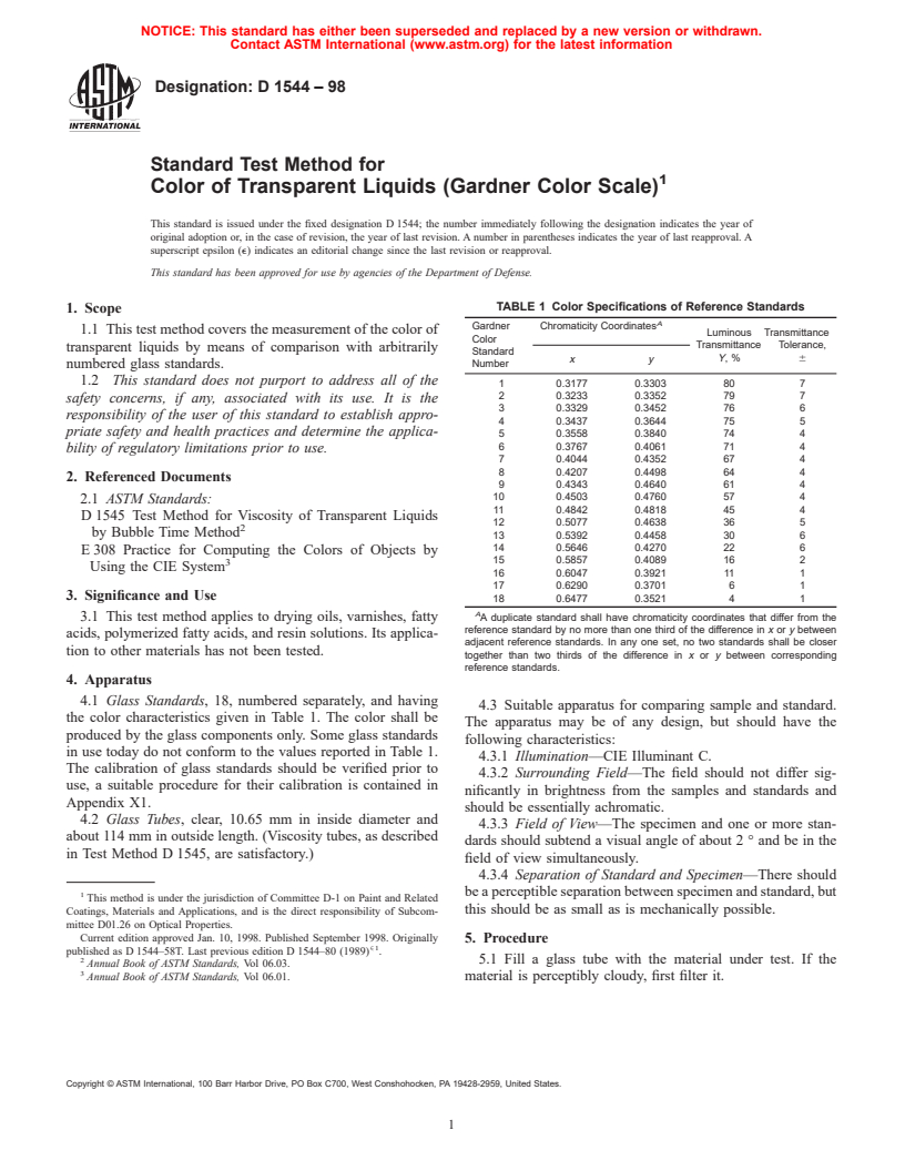 ASTM D1544-98 - Standard Test Method for Color of Transparent Liquids (Gardner Color Scale)