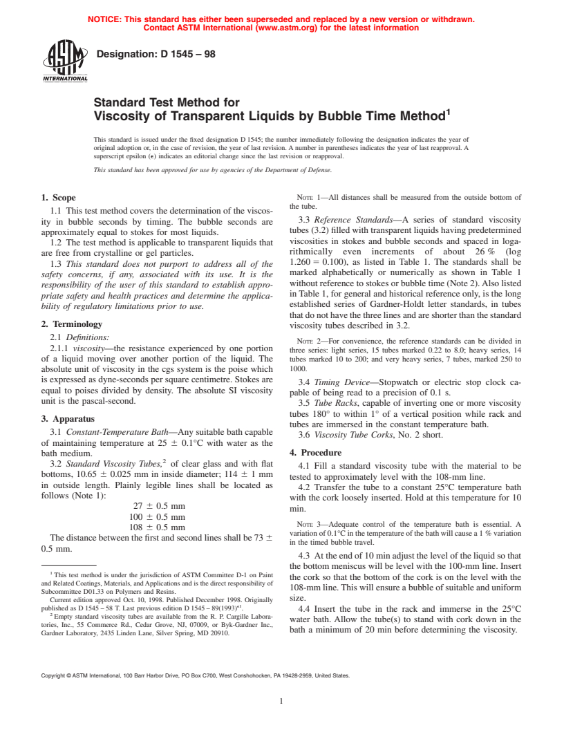 ASTM D1545-98 - Standard Test Method for Viscosity of Transparent Liquids by Bubble Time Method (Withdrawn 2007)