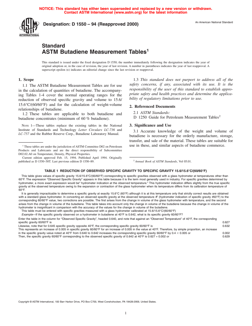 ASTM D1550-94(2000) - Standard ASTM Butadiene Measurement Tables