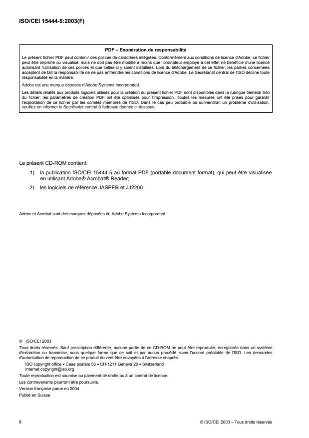 ISO/IEC 15444-5:2003 ISO/IEC 15444-5:2003 - Technologies de l'information -- Systeme de codage d'images JPEG 2000: Logiciel de référence - Page 2 preview