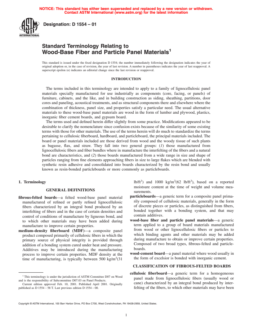 ASTM D1554-01 - Standard Terminology Relating to Wood-Base Fiber and Particle Panel Materials