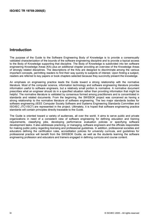 ISO/IEC TR 19759:2005 ISO/IEC TR 19759:2005 - Software Engineering -- Guide to the Software Engineering Body of Knowledge (SWEBOK) - Page 4 preview
