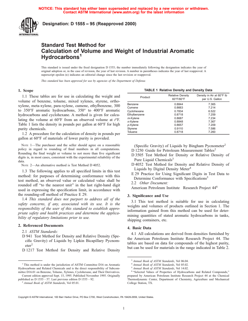 ASTM D1555-95(2000) - Standard Test Method for Calculation of Volume and Weight of Industrial Aromatic Hydrocarbons