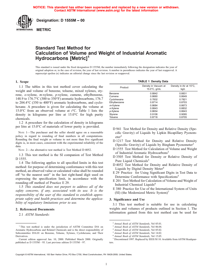 ASTM D1555M-00 - Standard Test Method for Calculation of Volume and Weight of Industrial Aromatic Hydrocarbons [Metric]
