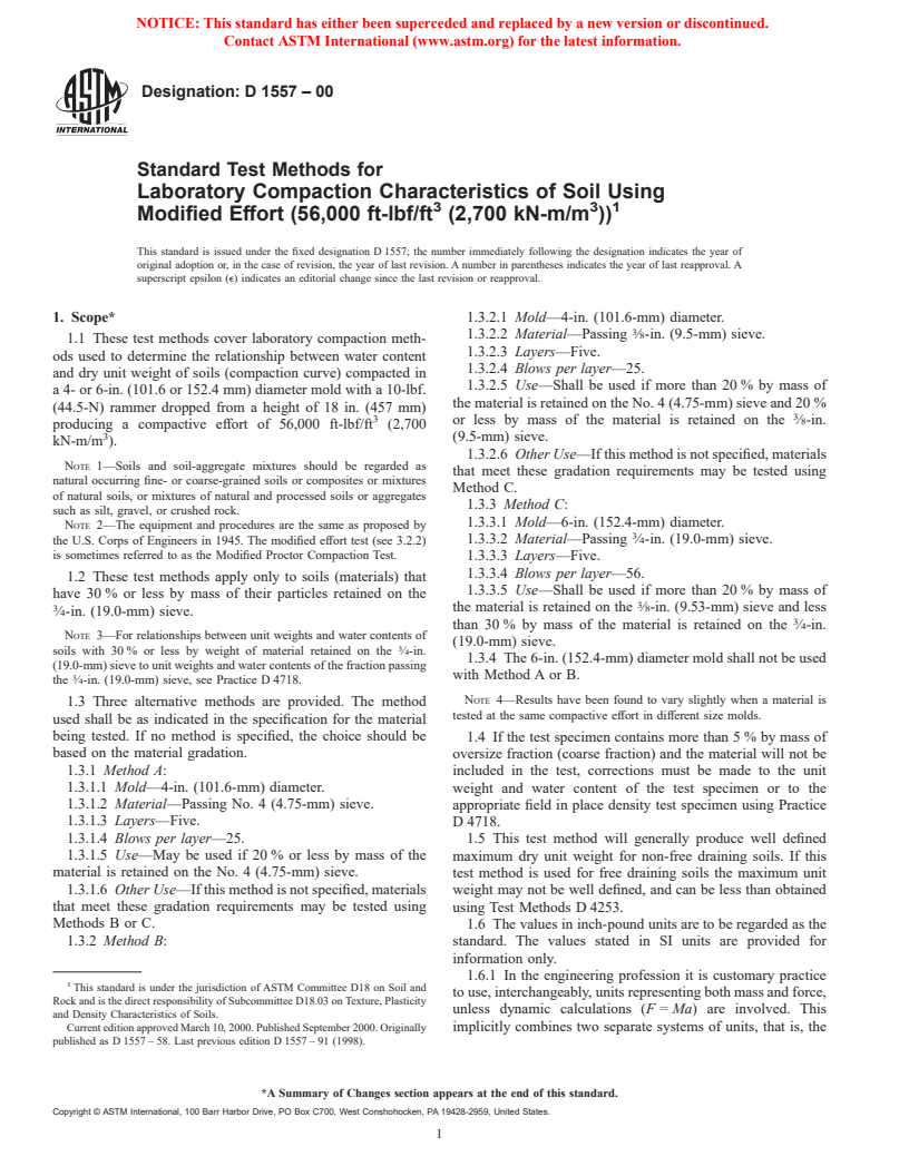 ASTM D1557-00 - Standard Test Methods for Laboratory Compaction Characteristics of Soil Using Modified Effort (56,000 ft-lbf/ft<sup>3</sup>(2,700 kN-m/m<sup>3</sup>))