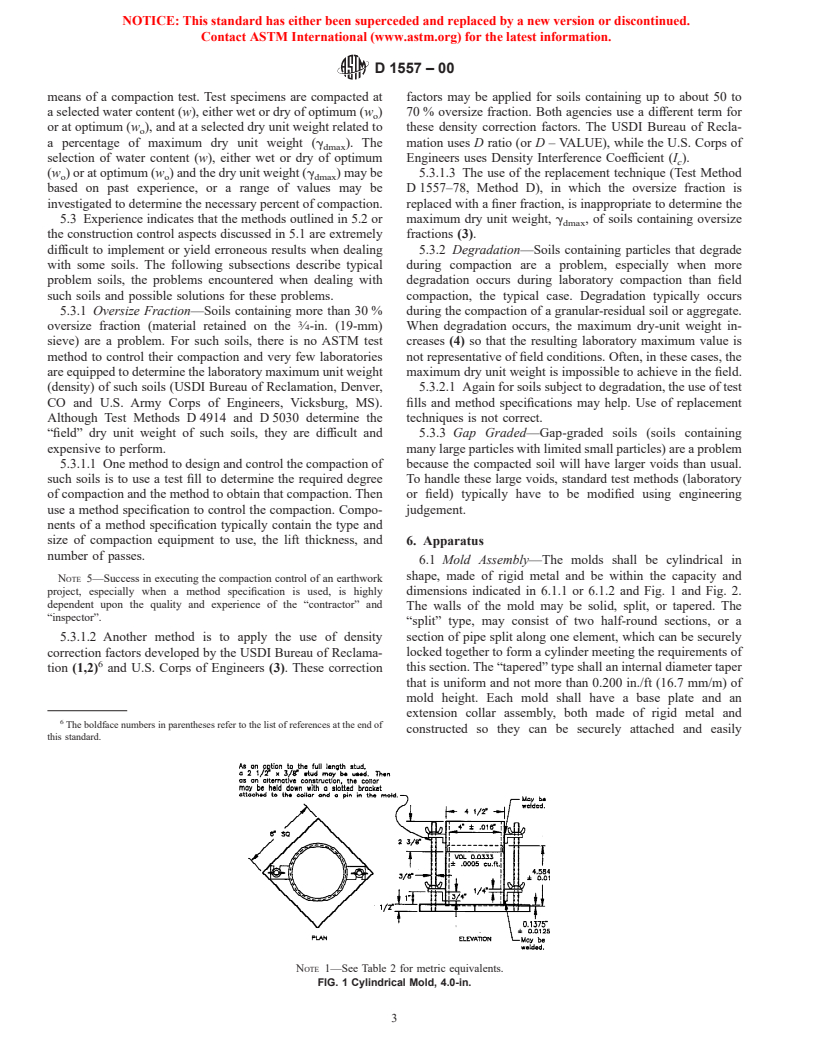 ASTM D1557-00 - Standard Test Methods for Laboratory Compaction Characteristics of Soil Using Modified Effort (56,000 ft-lbf/ft<sup>3</sup>(2,700 kN-m/m<sup>3</sup>))