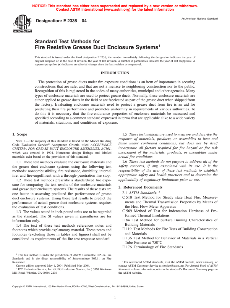 ASTM E2336-04 - Standard Test Methods for Fire Resistive Grease Duct Enclosure Systems