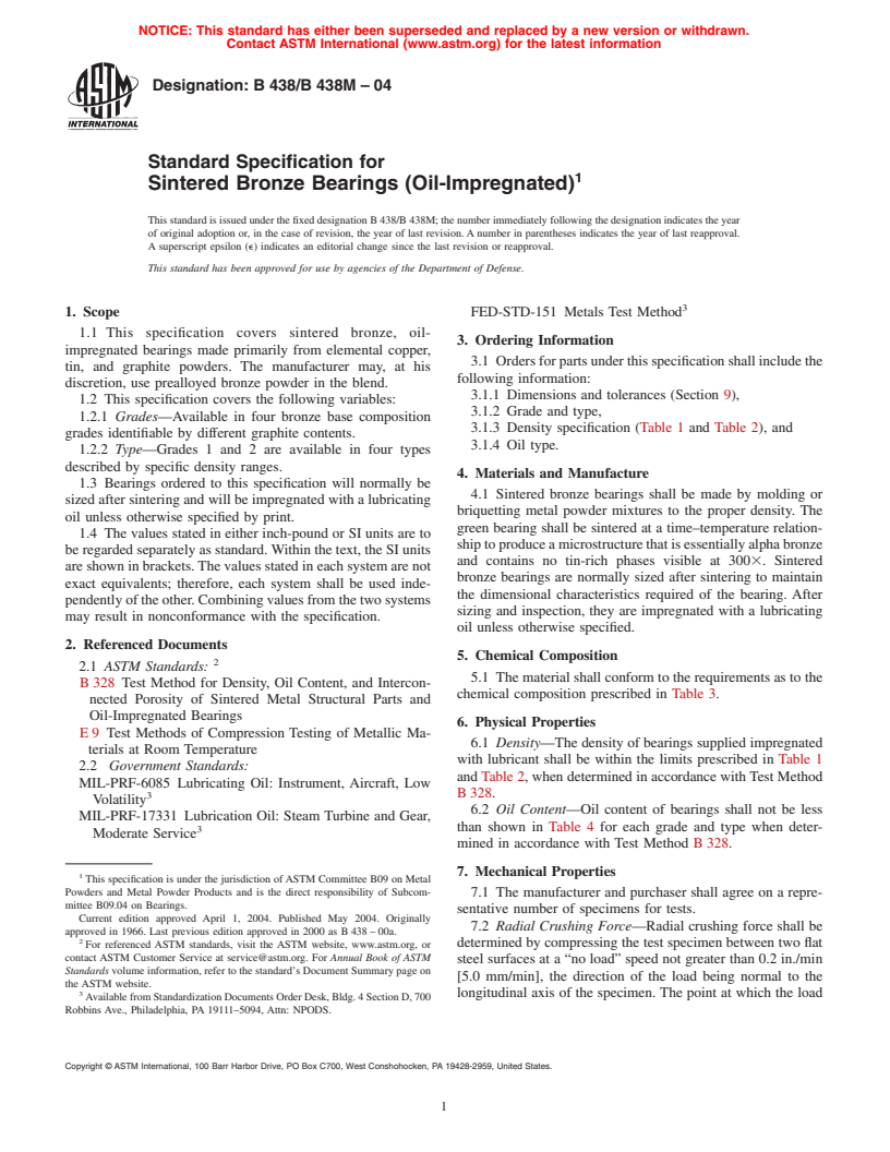 ASTM B438/B438M-04 - Standard Specification for Sintered Bronze Bearings (Oil-Impregnated)