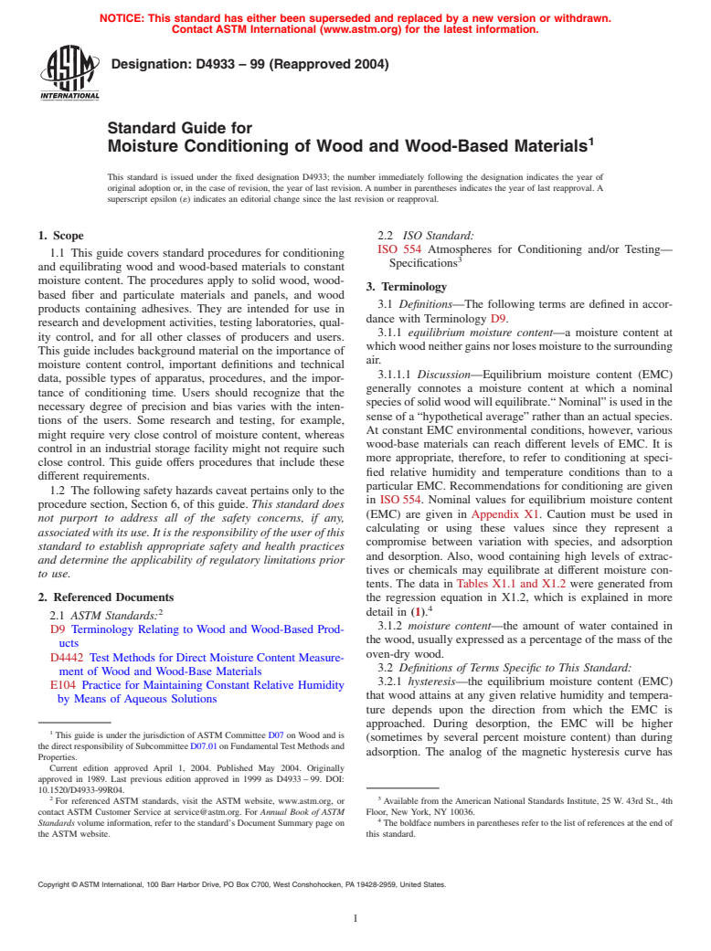 ASTM D4933-99(2004) - Standard Guide for Moisture Conditioning of Wood and Wood-Base Materials