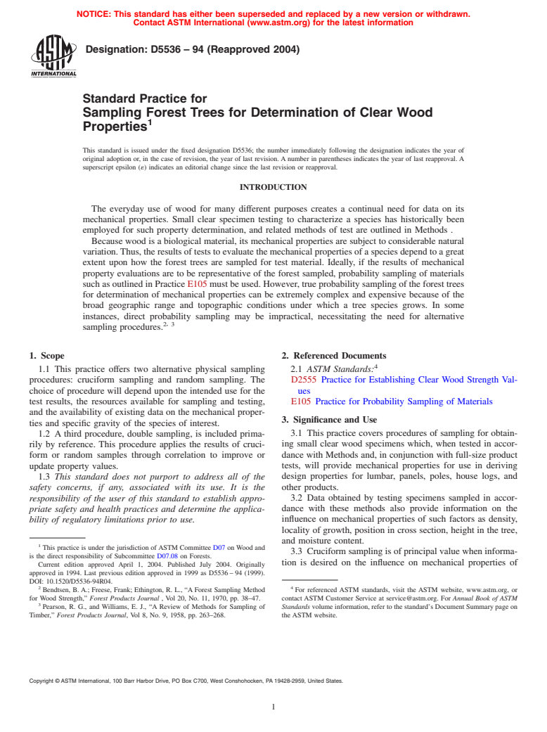 ASTM D5536-94(2004) - Standard Practice for Sampling Forest Trees for Determination of Clear Wood Properties