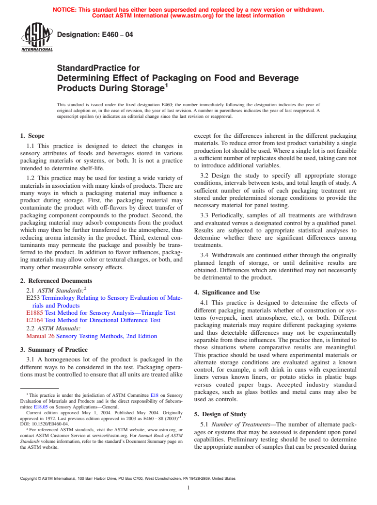 ASTM E460-04 - Standard Practice for Determining Effect of Packaging on Food and Beverage Products During Storage