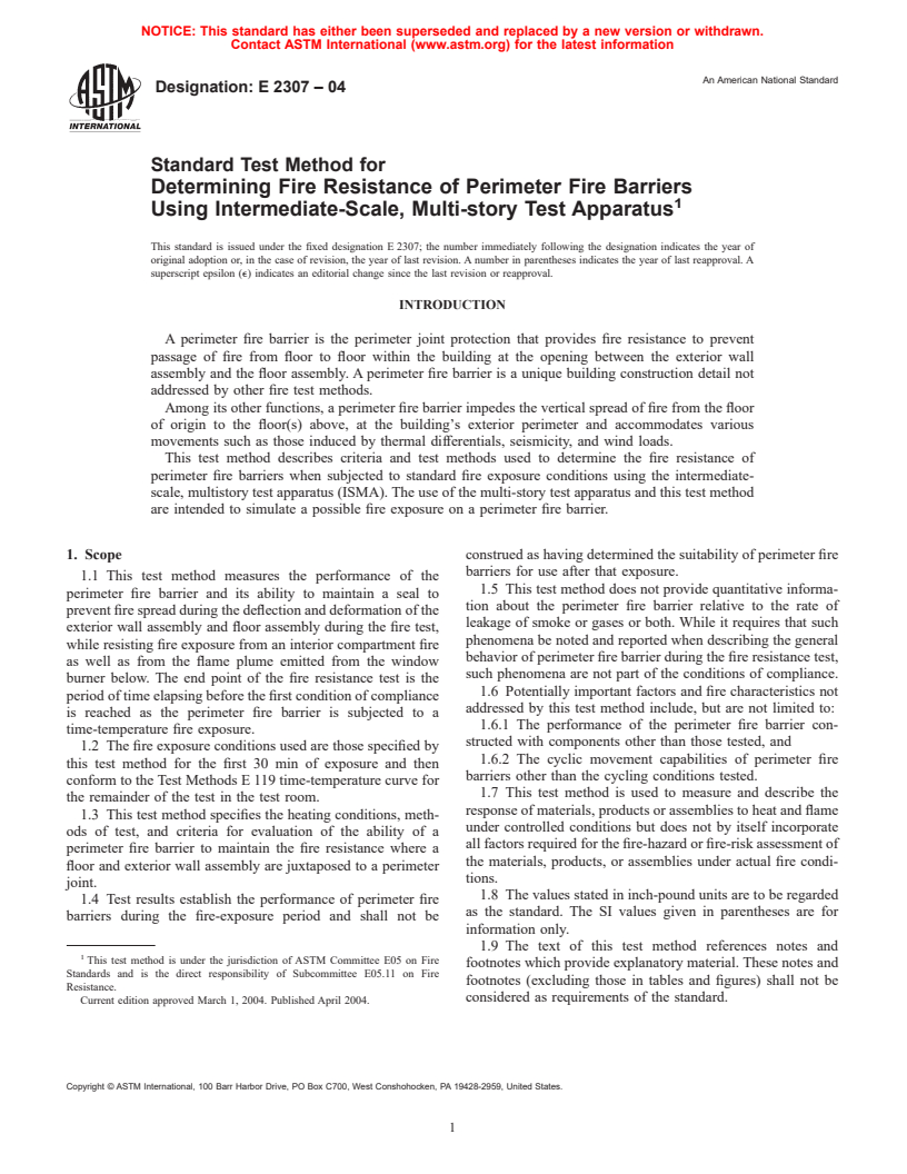ASTM E2307-04 - Standard Test Method for Determining Fire Resistance of Perimeter Fire Barrier Systems Using Intermediate-Scale, Multi-story Test Apparatus
