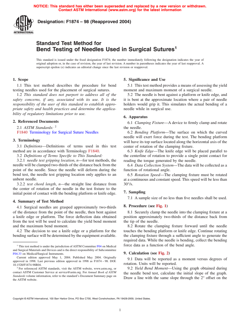 ASTM F1874-98(2004) - Standard Test Method for Bend Testing of Needles Used in Surgical Sutures