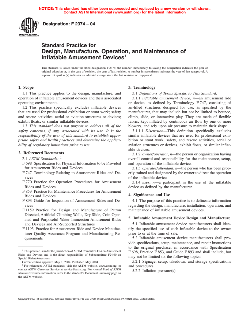 ASTM F2374-04 - Standard Practice for Design, Manufacture, Operation, and Maintenance of Inflatable Amusement Devices