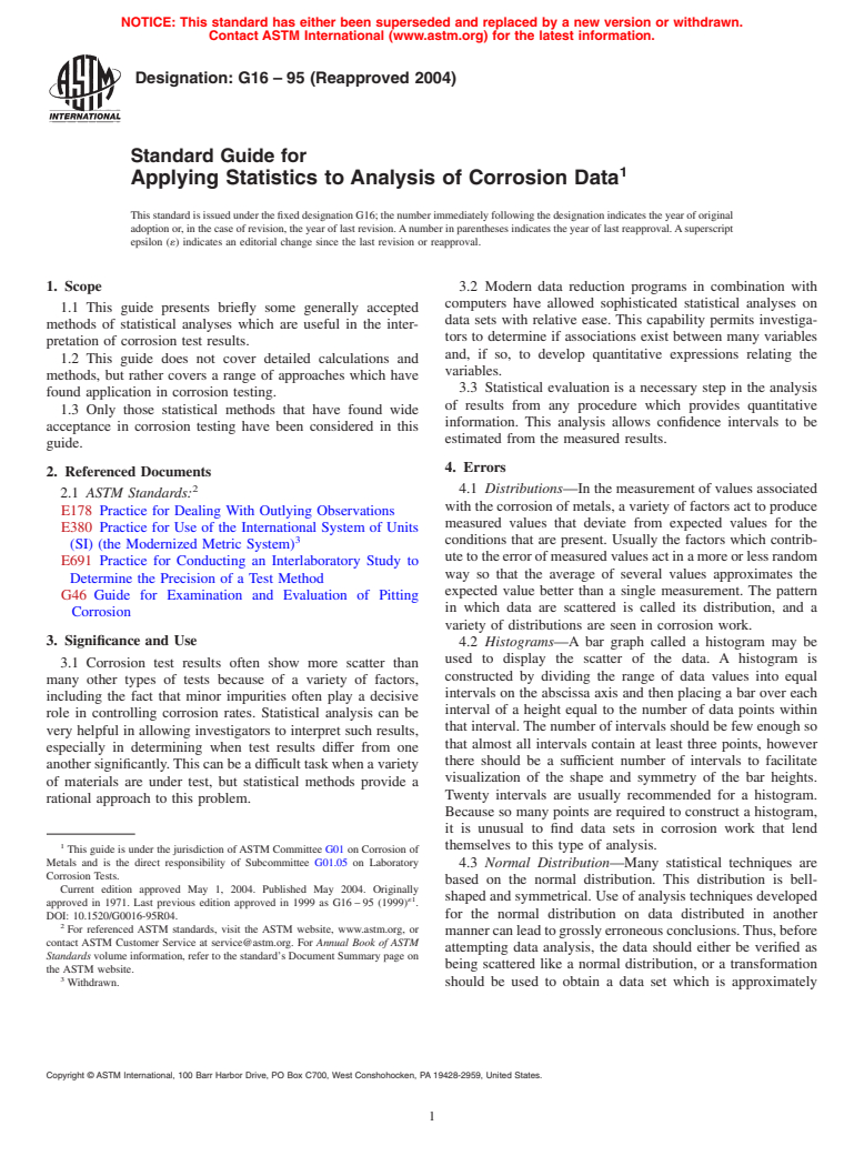 ASTM G16-95(2004) - Standard Guide for Applying Statistics to Analysis of Corrosion Data