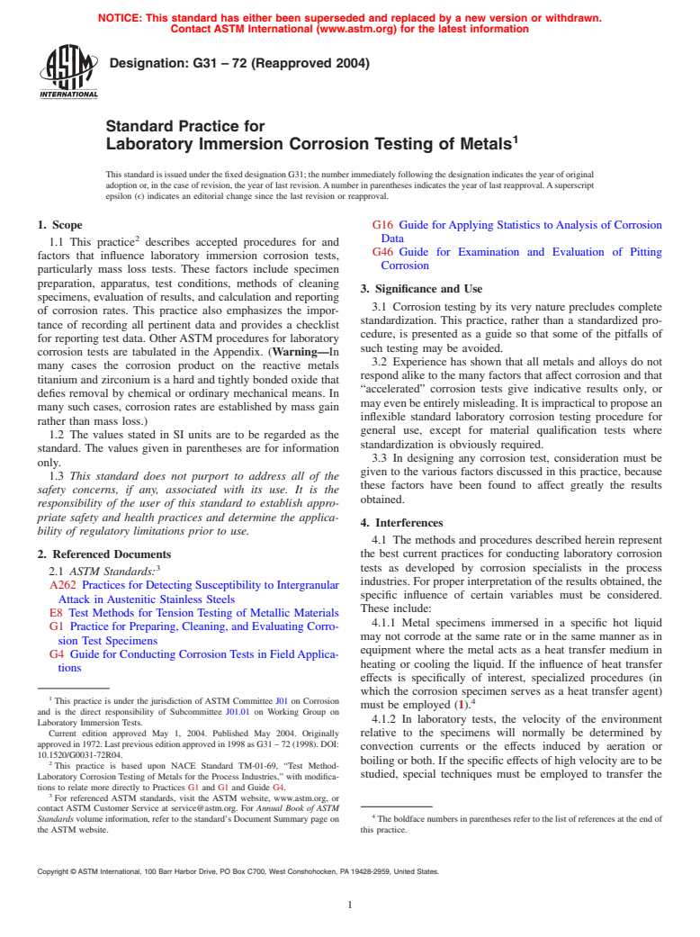 ASTM G31-72(2004) - Standard Practice for Laboratory Immersion Corrosion Testing of Metals