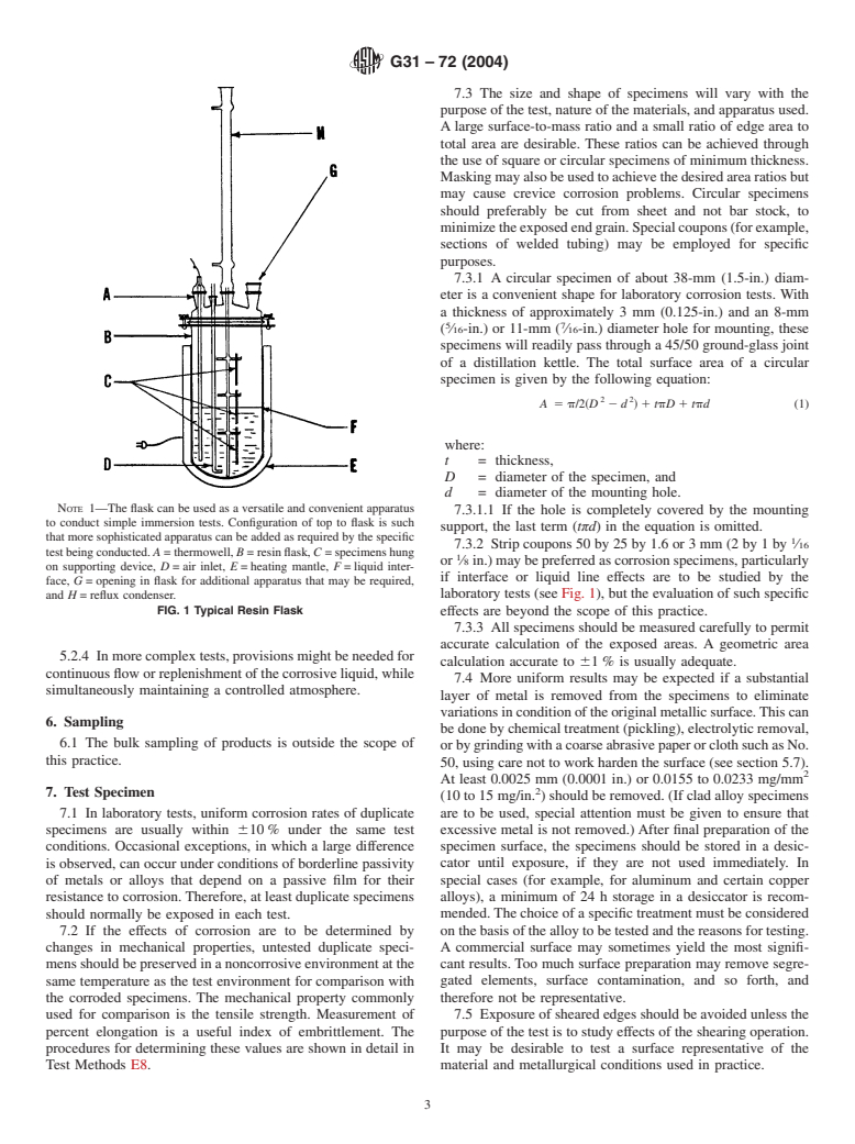 ASTM G31-72(2004) - Standard Practice for Laboratory Immersion Corrosion Testing of Metals