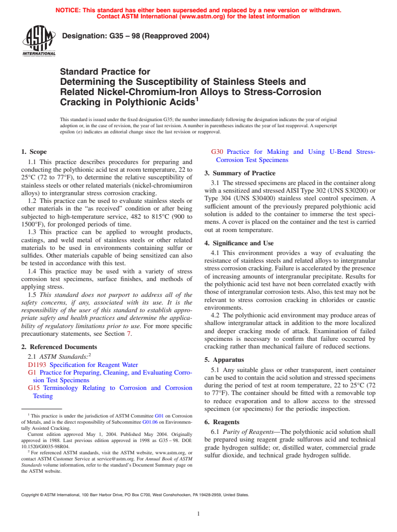 ASTM G35-98(2004) - Standard Practice for Determining the Susceptibility of Stainless Steels and Related Nickel-Chromium-Iron Alloys to Stress-Corrosion Cracking in Polythionic Acids