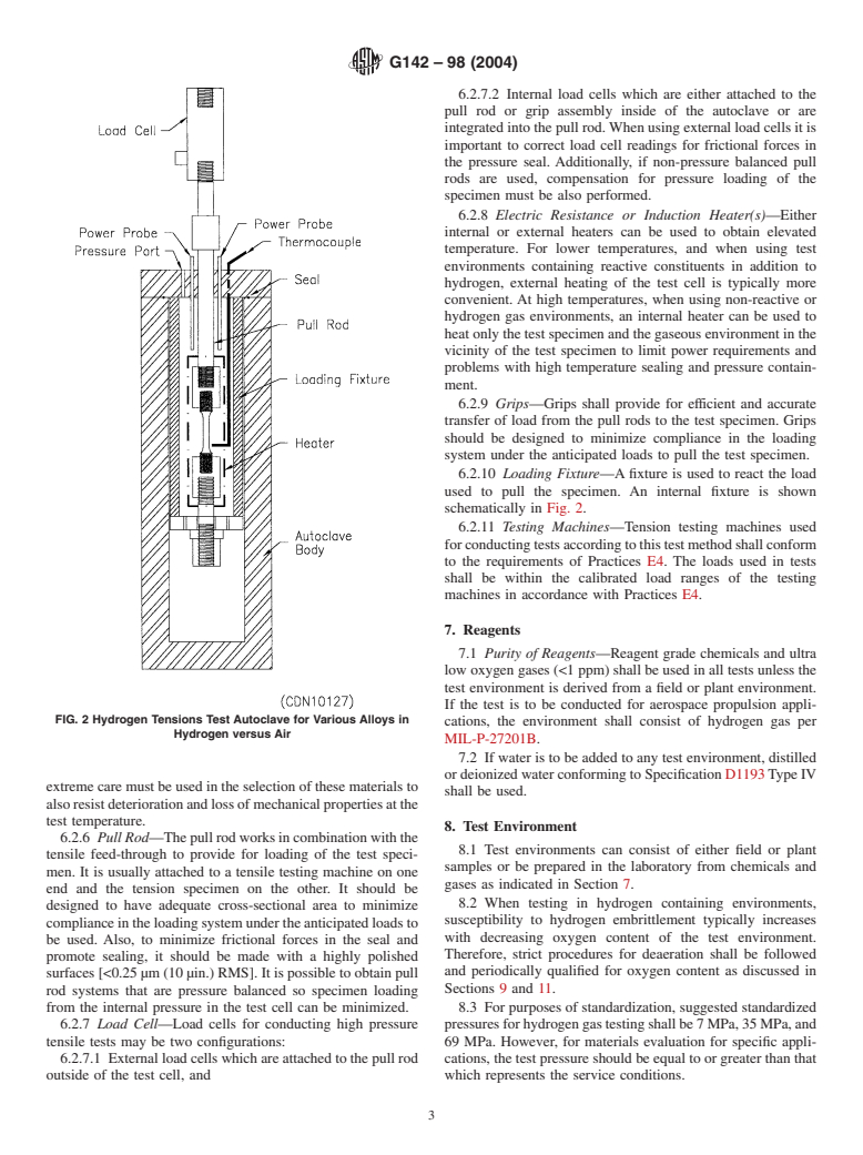 ASTM G142-98(2004) - Standard Test Method for Determination of Susceptibility of Metals to Embrittlement in Hydrogen Containing Environments at High Pressure, High Temperature, or Both