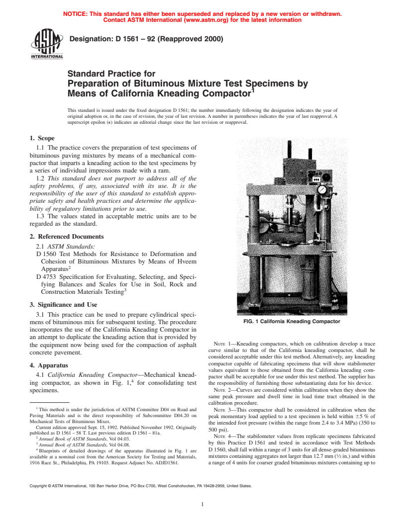 ASTM D1561-92(2000) - Standard Practice for Preparation of Bituminous Mixture Test Specimens by Means of California Kneading Compactor